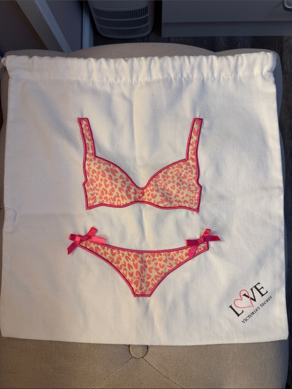 Victoria's Secret White Drawstring Bag with Pink & Coral Lingerie Applique